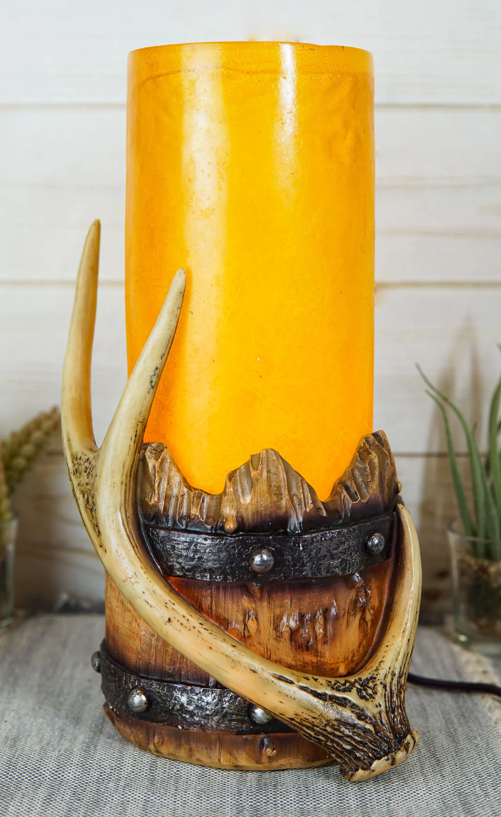Western Stag Deer Antler With Country Barrel Hurricane Night Light Figurine - Image 4