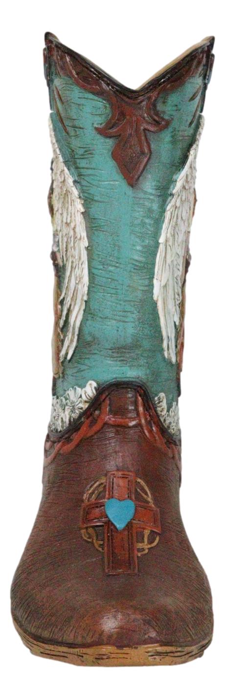Western Turquoise Heart Cross Angel Winged Cowgirl Faux Leather Boot Vase Decor - Image 6