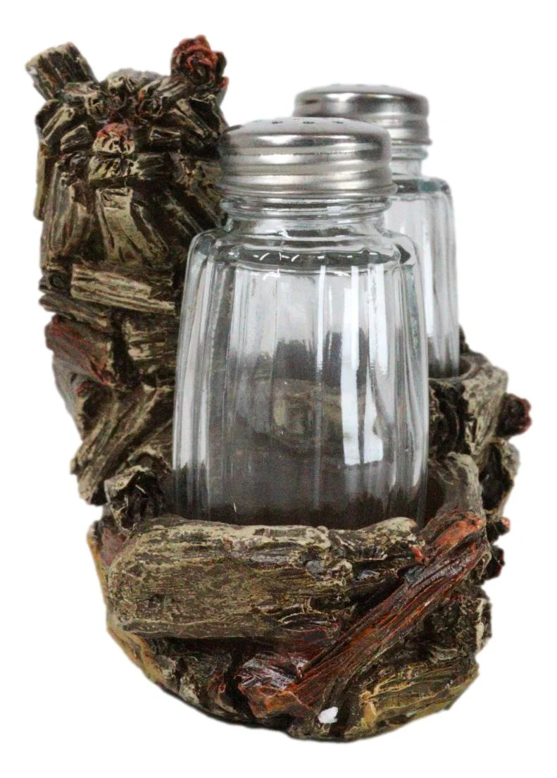 Western Woodland Forest Faux Wood Tree Logs Bear Bust Salt Pepper Shakers Holder - Image 2