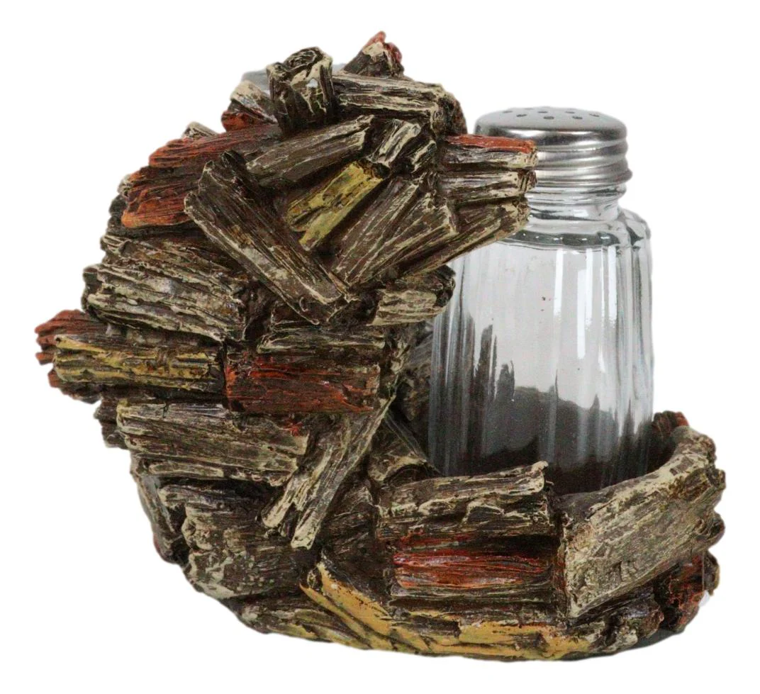 Western Woodland Forest Faux Wood Tree Logs Bear Bust Salt Pepper Shakers Holder - Image 3