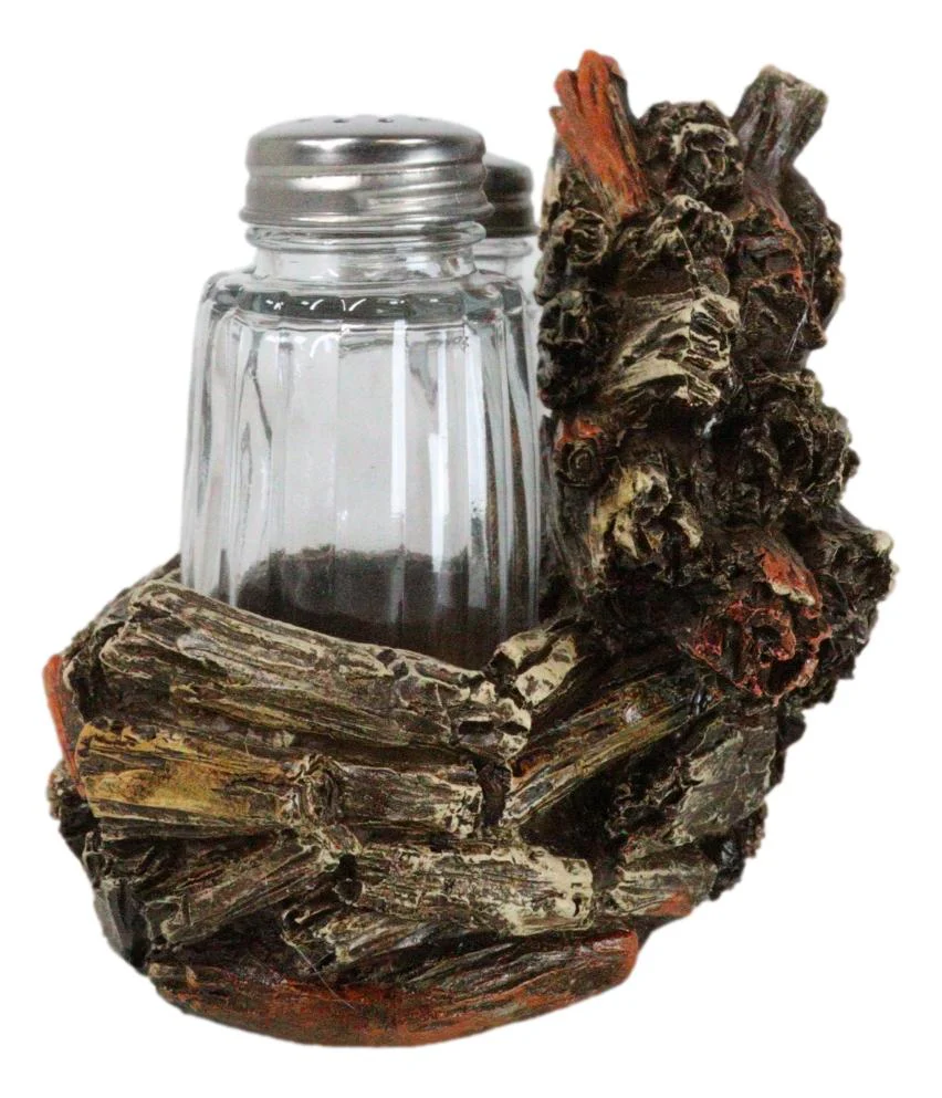Western Woodland Forest Faux Wood Tree Logs Bear Bust Salt Pepper Shakers Holder - Image 4