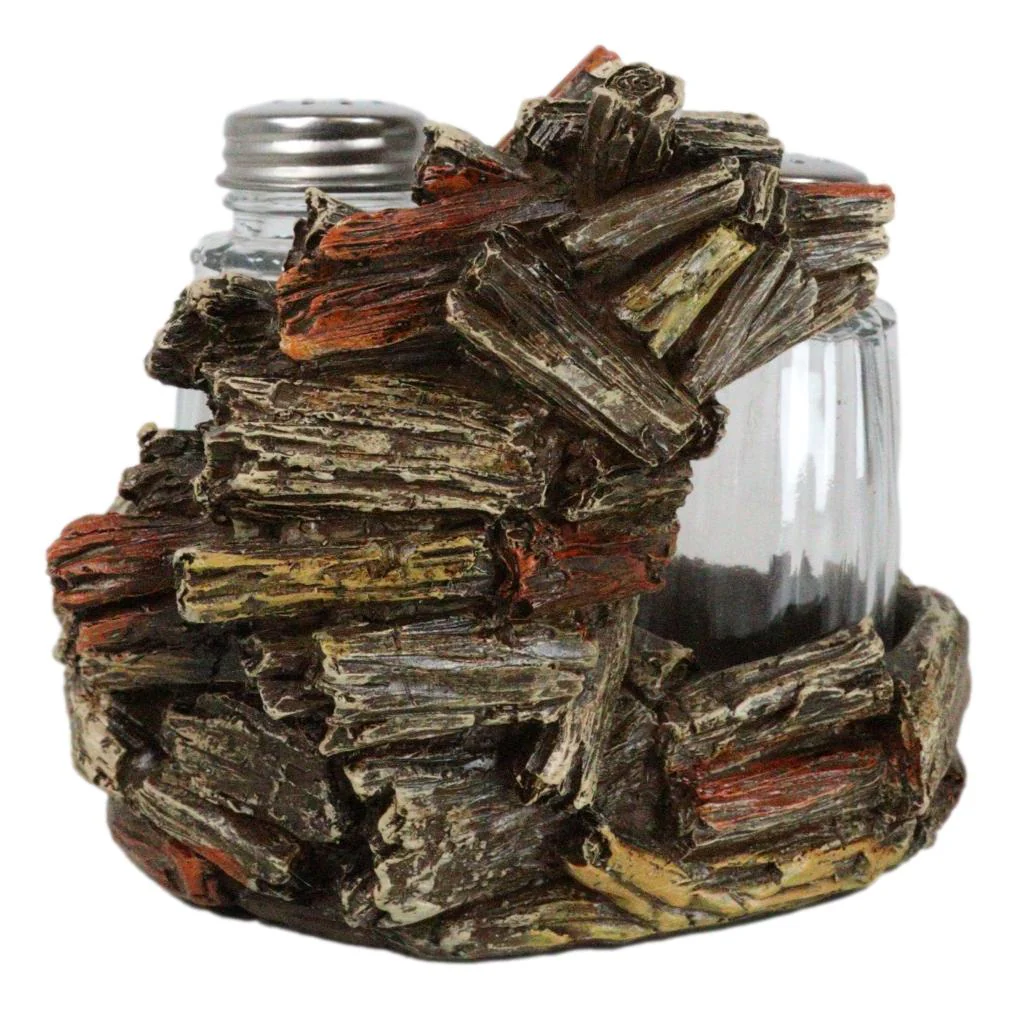 Western Woodland Forest Faux Wood Tree Logs Bear Bust Salt Pepper Shakers Holder - Image 5