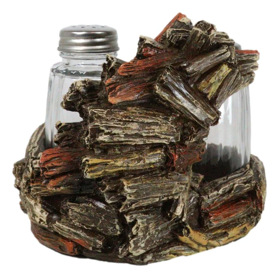 Western Woodland Forest Faux Wood Tree Logs Bear Bust Salt Pepper Shakers Holder - Image 6