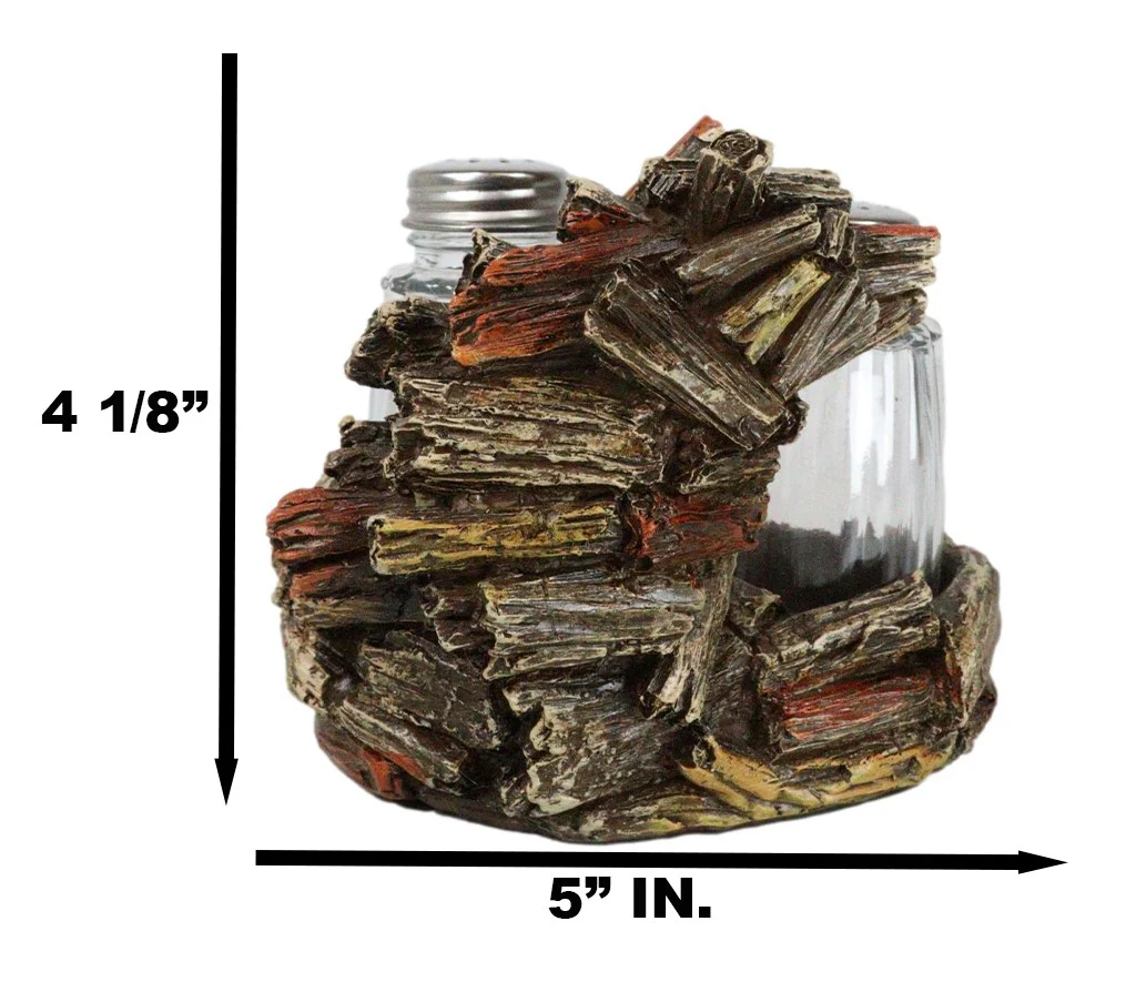 Western Woodland Forest Faux Wood Tree Logs Bear Bust Salt Pepper Shakers Holder - Image 7