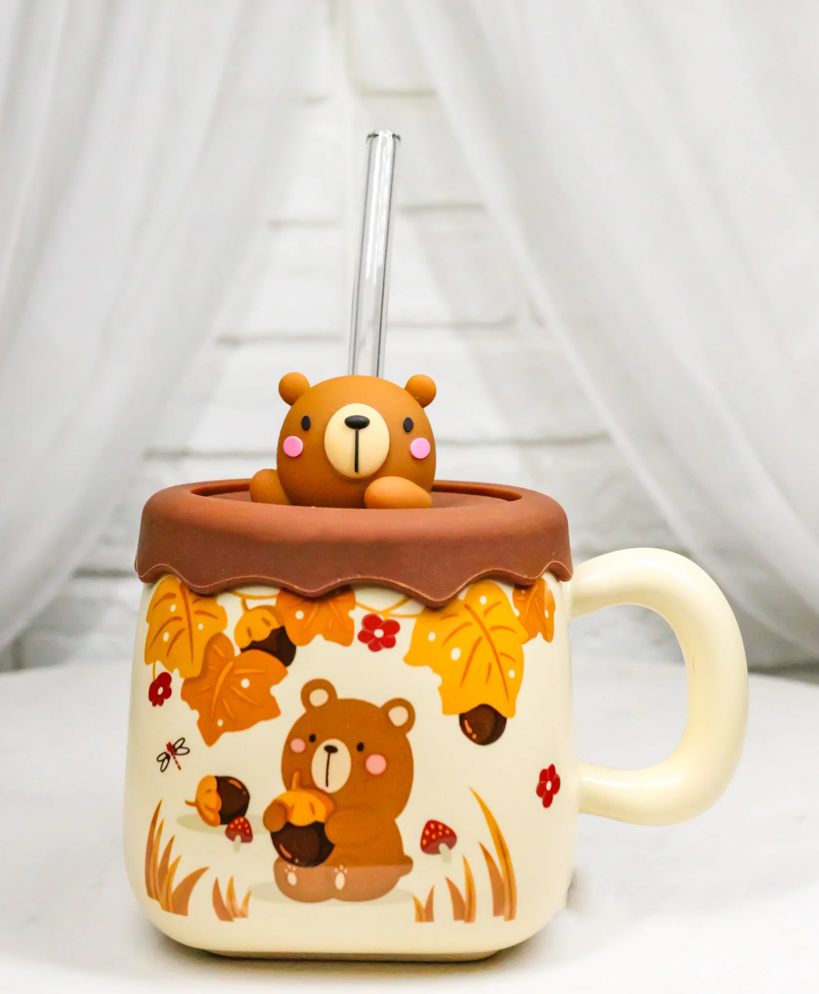 Whimsical Autumn Leaves Brown Bear Cub Ceramic Mug With Silicone Lid And Straw - Image 10