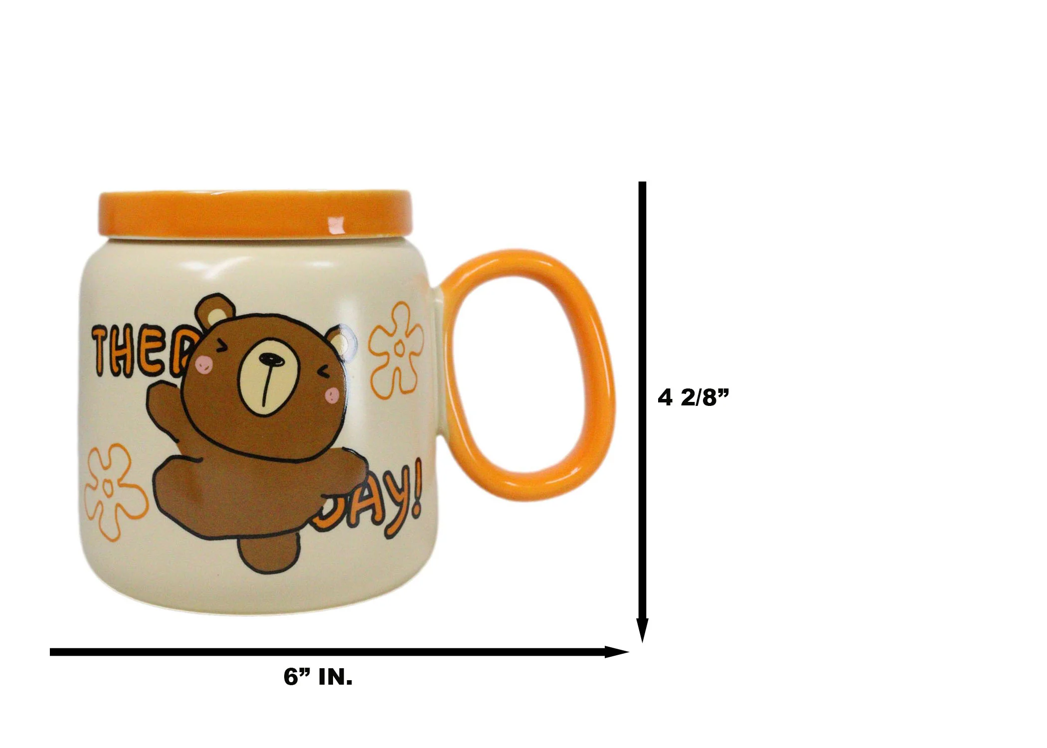 Whimsical Brown Bear Anime 16oz Orange Ceramic Mug Cup With Lid And Glass Straw - Image 7