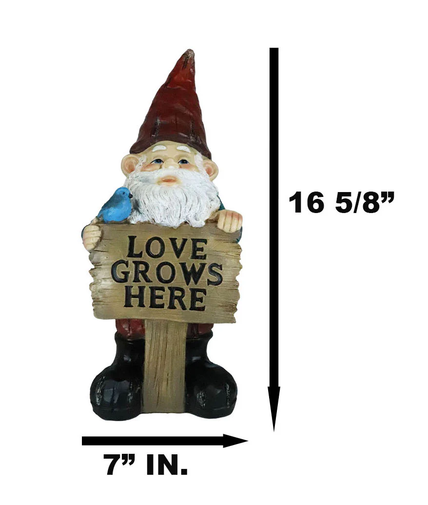 Whimsical Festive Garden Mr Gnome And Bluebird With Love Grows Here Sign Statue - Image 3