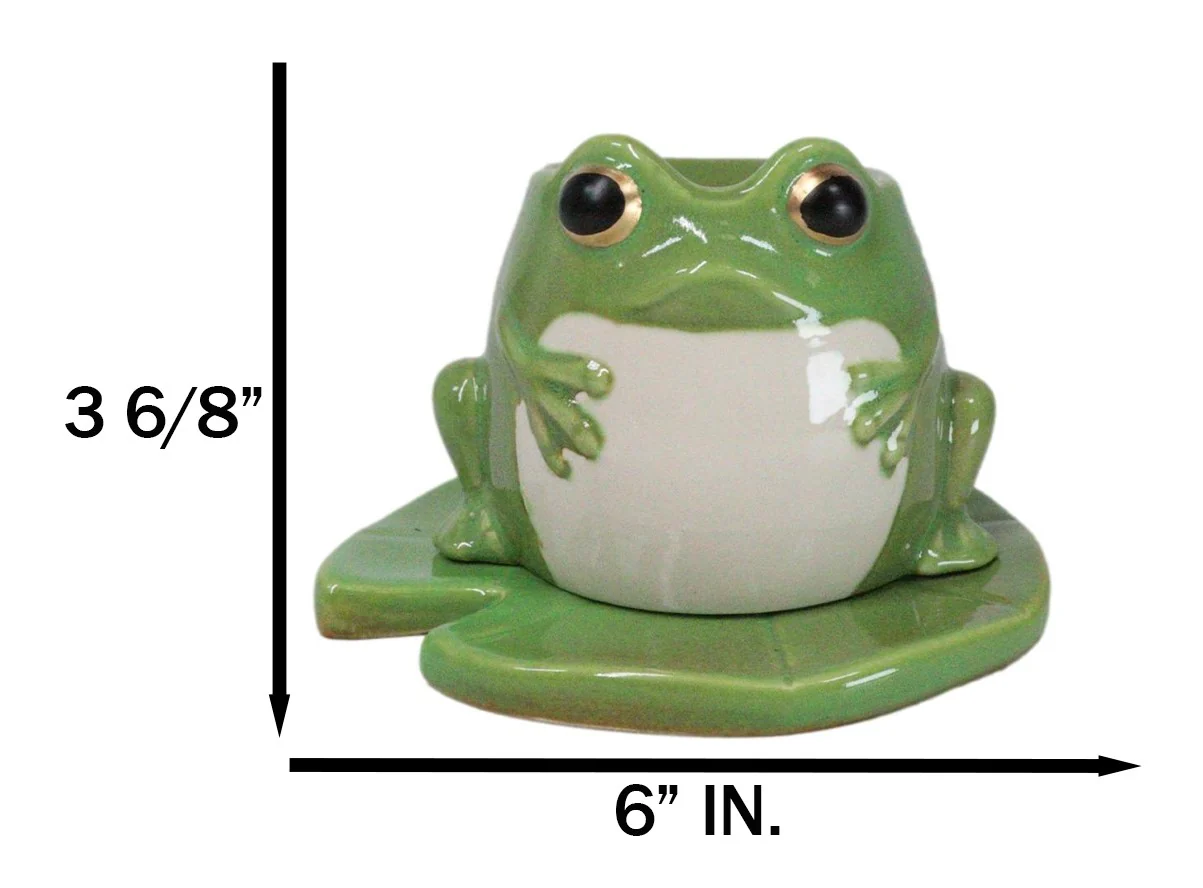 Whimsical Green Toad Frog On Lily Pad Ceramic Essential Oil Warmer Candle Holder - Image 2