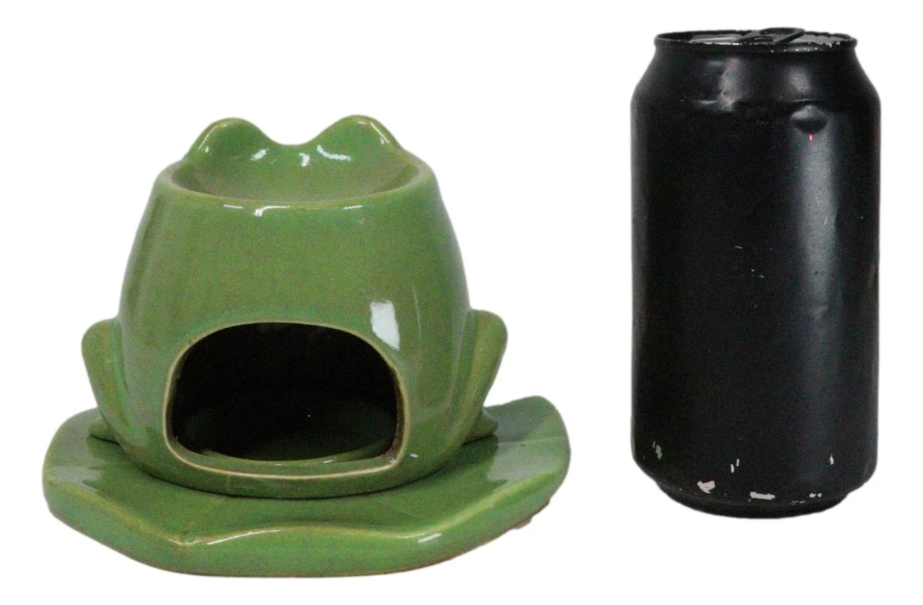 Whimsical Green Toad Frog On Lily Pad Ceramic Essential Oil Warmer Candle Holder - Image 7