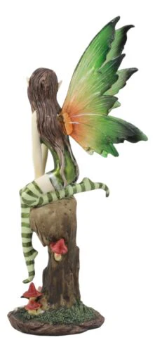 Whimsical Peppermint Elf Fairy Sitting On Tree Stump Statue 9.5"Tall Collectible - Image 6