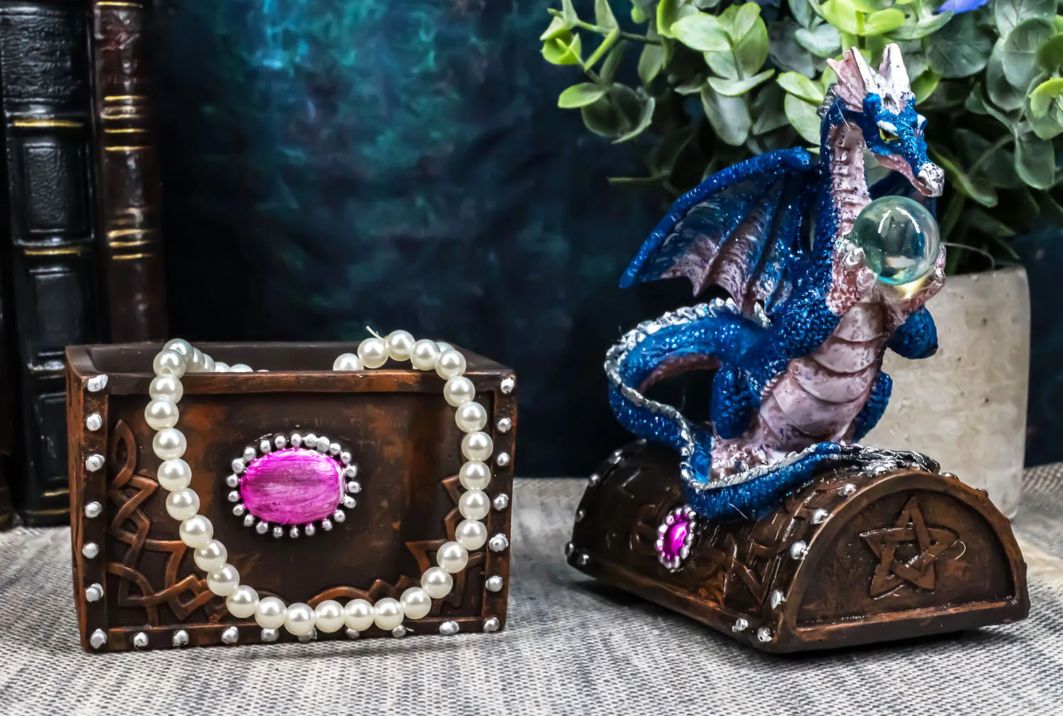 Whimsical Pixie Blue Dragon Guarding Celtic Treasure Chest Trinket Box 6.5"Tall - Image 10