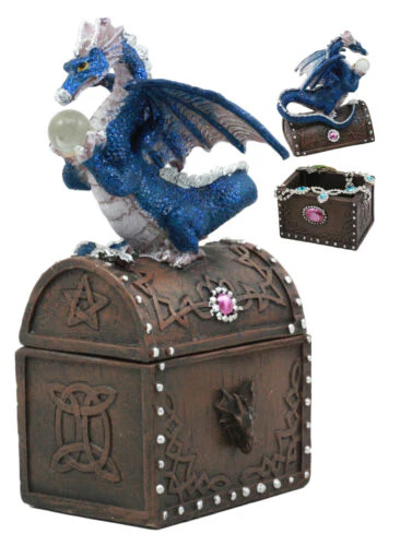 Whimsical Pixie Blue Dragon Guarding Celtic Treasure Chest Trinket Box 6.5"Tall - Image 3
