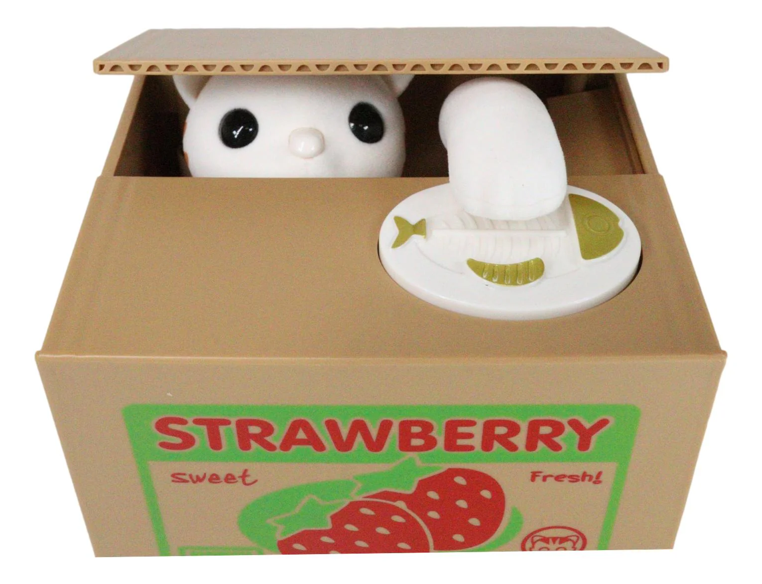 Whimsical Strawberry Feline Kitty Cat Coin Grabber Money Bank Box Sculpture - Image 6