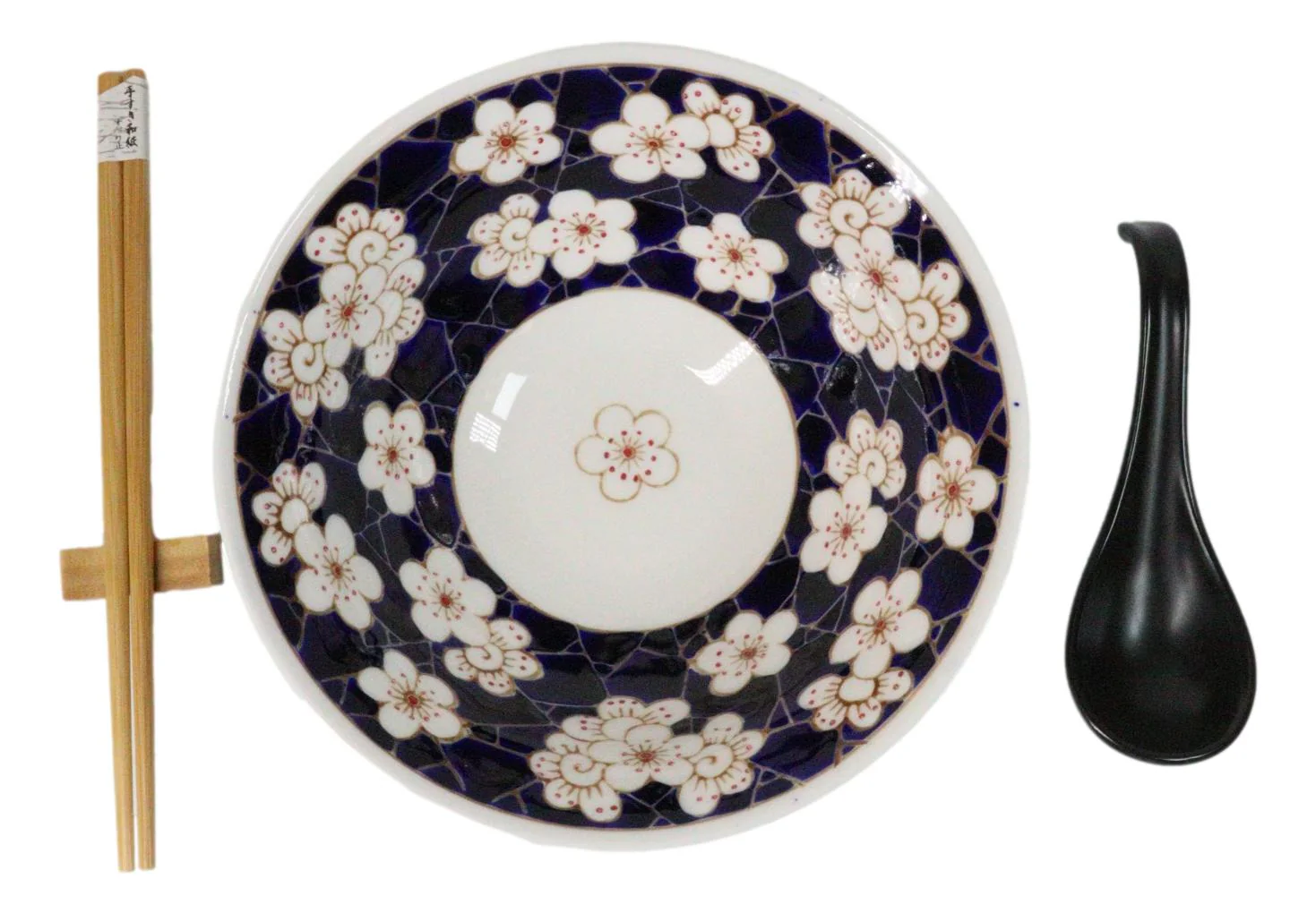 White Ume Plum Flowers Ceramic Ramen Bowl Soup Spoon Chopsticks And Rest Set - Image 5