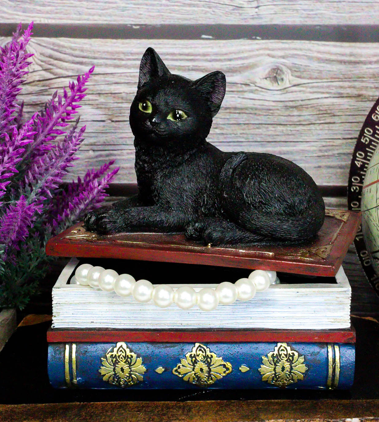 Wicca Mystical Black Cat Sitting On Book Of Spells Stack Decorative Jewelry Box - Image 2
