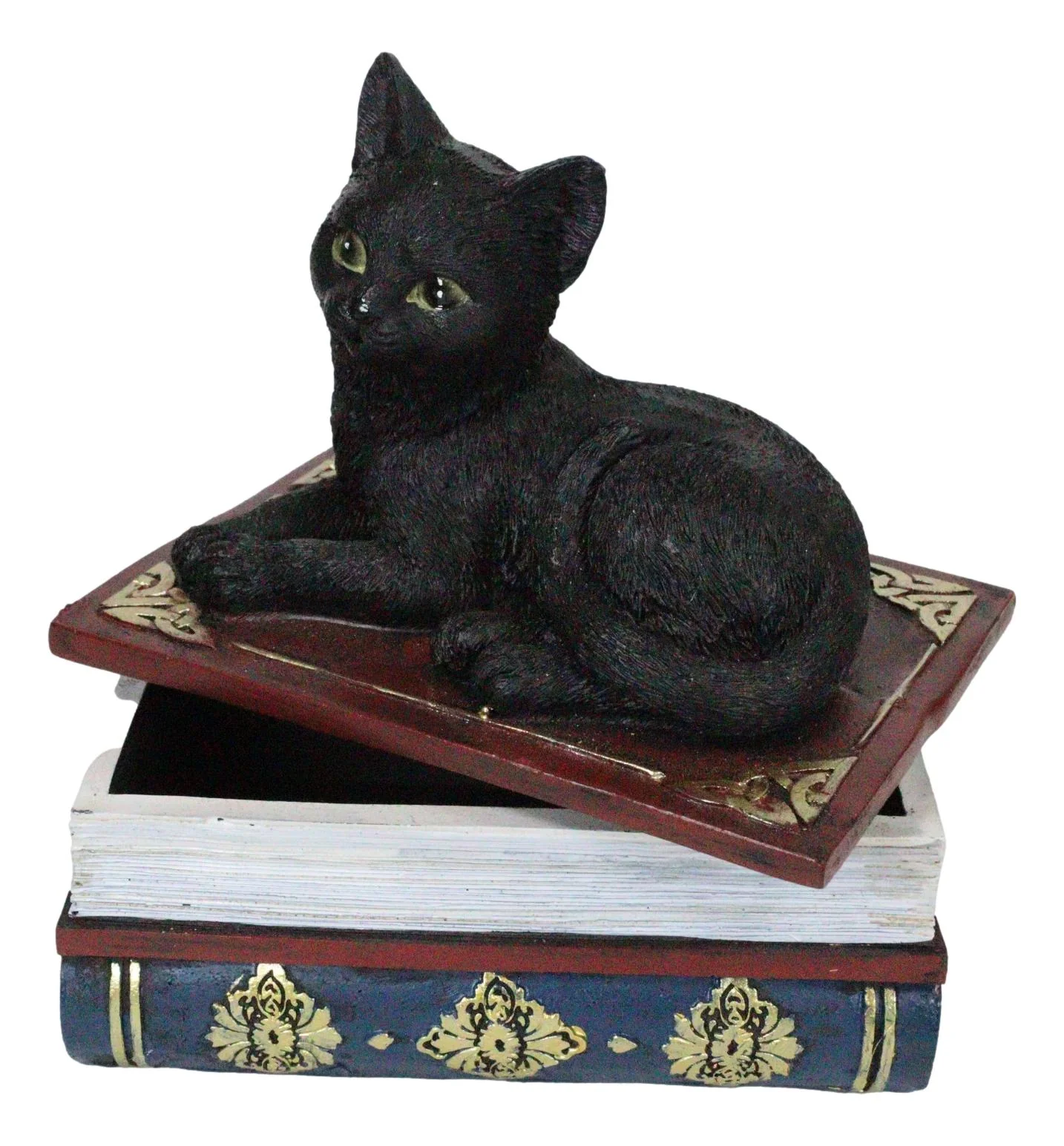 Wicca Mystical Black Cat Sitting On Book Of Spells Stack Decorative Jewelry Box - Image 6