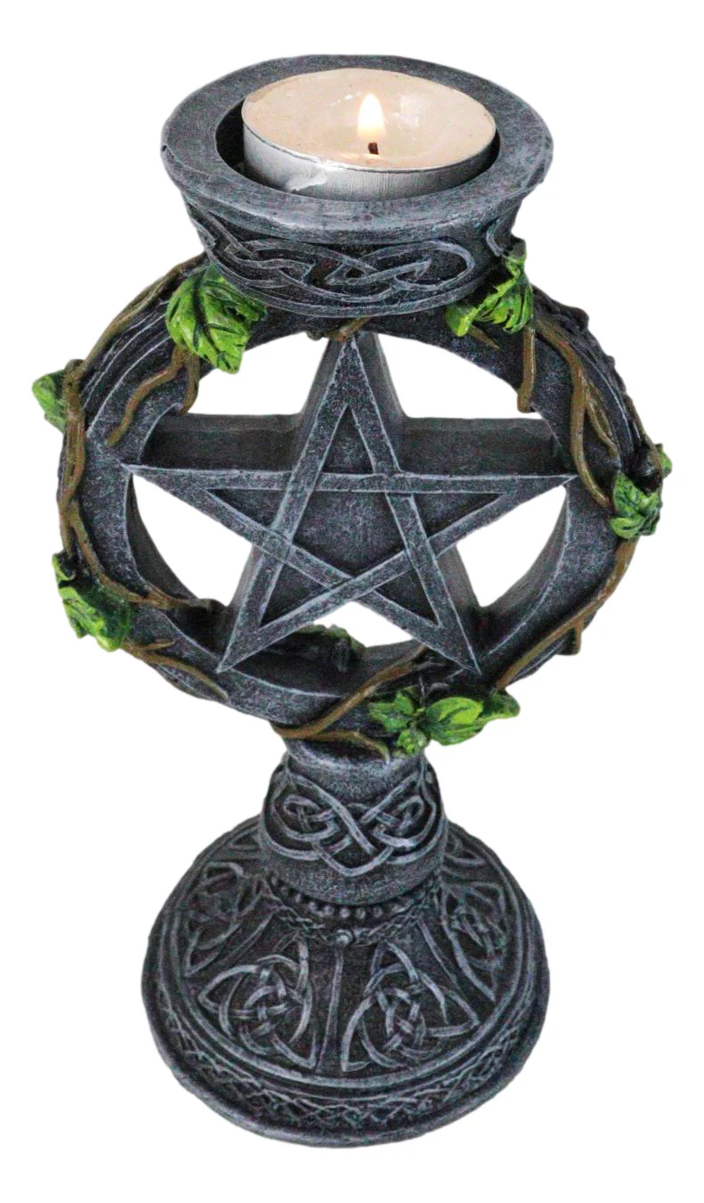 Wicca Pentagram Star In Circle With Celtic Knotwork Ivy Vine Votive Candleholder - Image 6