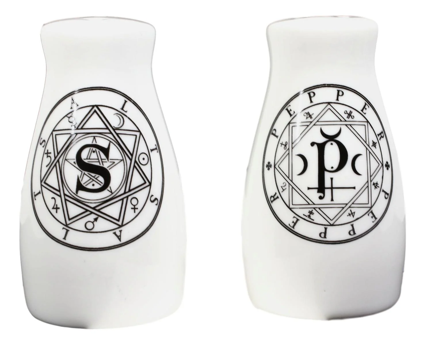 Wicca Sacred Geometry Pentacles Crescent Moons Ceramic Salt n Pepper Shakers Set - Image 2
