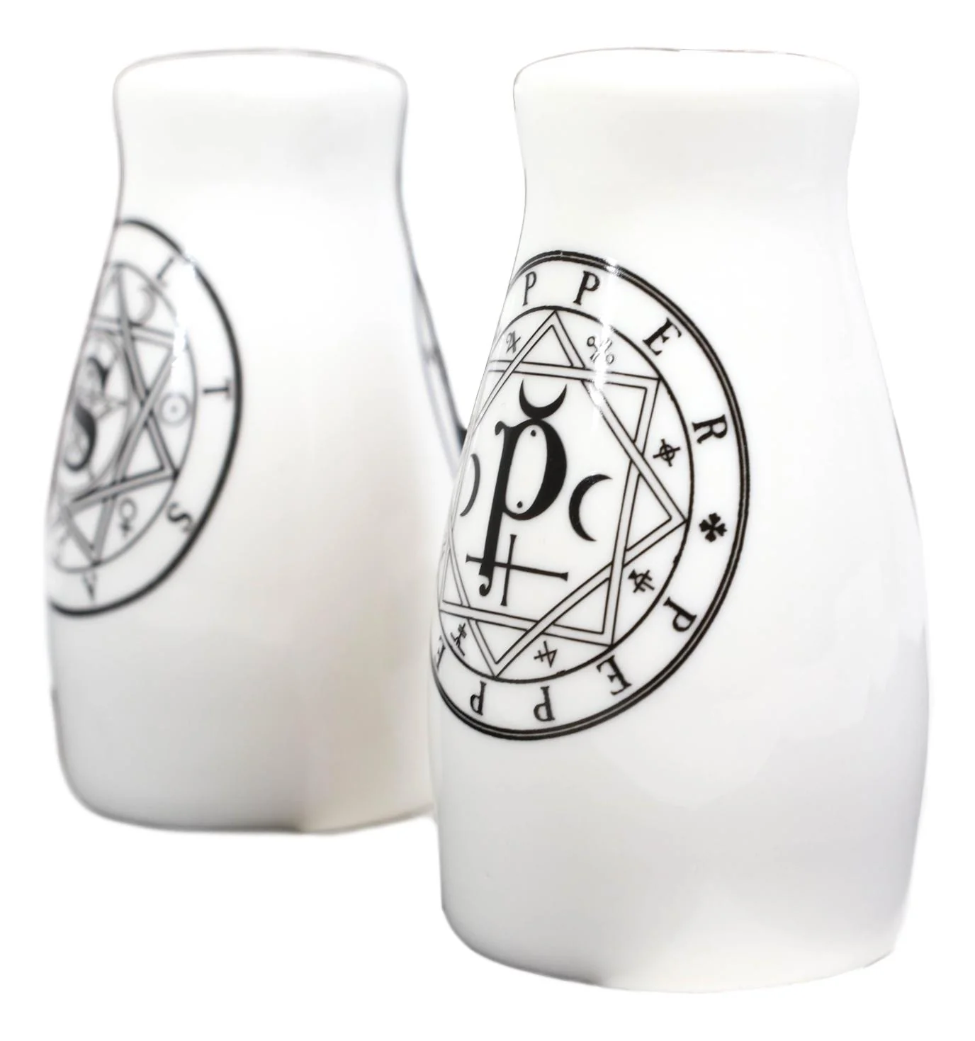 Wicca Sacred Geometry Pentacles Crescent Moons Ceramic Salt n Pepper Shakers Set - Image 3