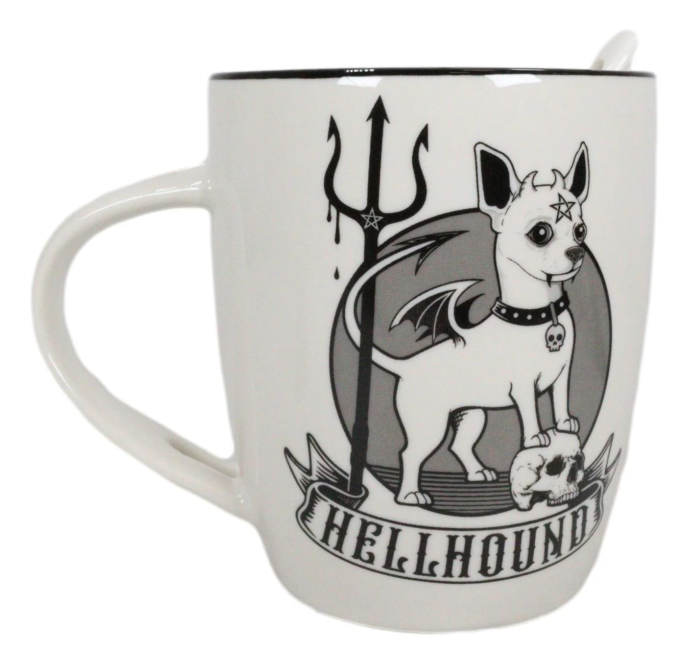 Wicca Sacred Hellhound Pentagram Devil Dog Porcelain Mug With Spoon Set 13oz - Image 3