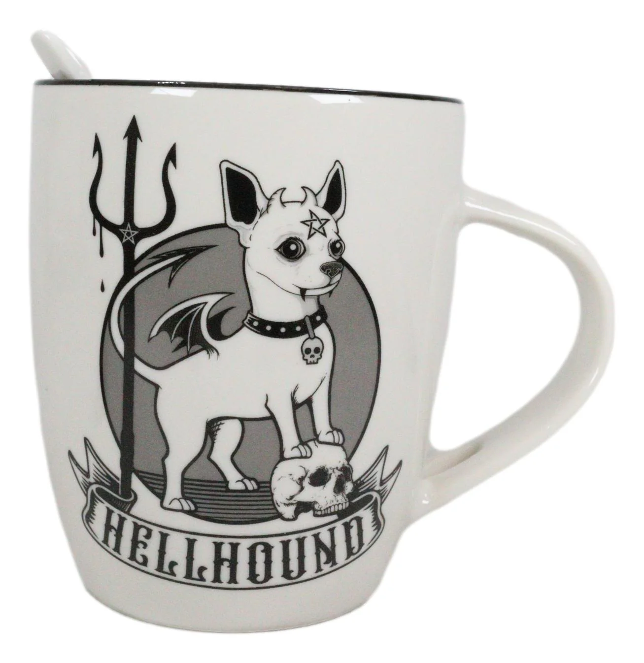Wicca Sacred Hellhound Pentagram Devil Dog Porcelain Mug With Spoon Set 13oz - Image 4