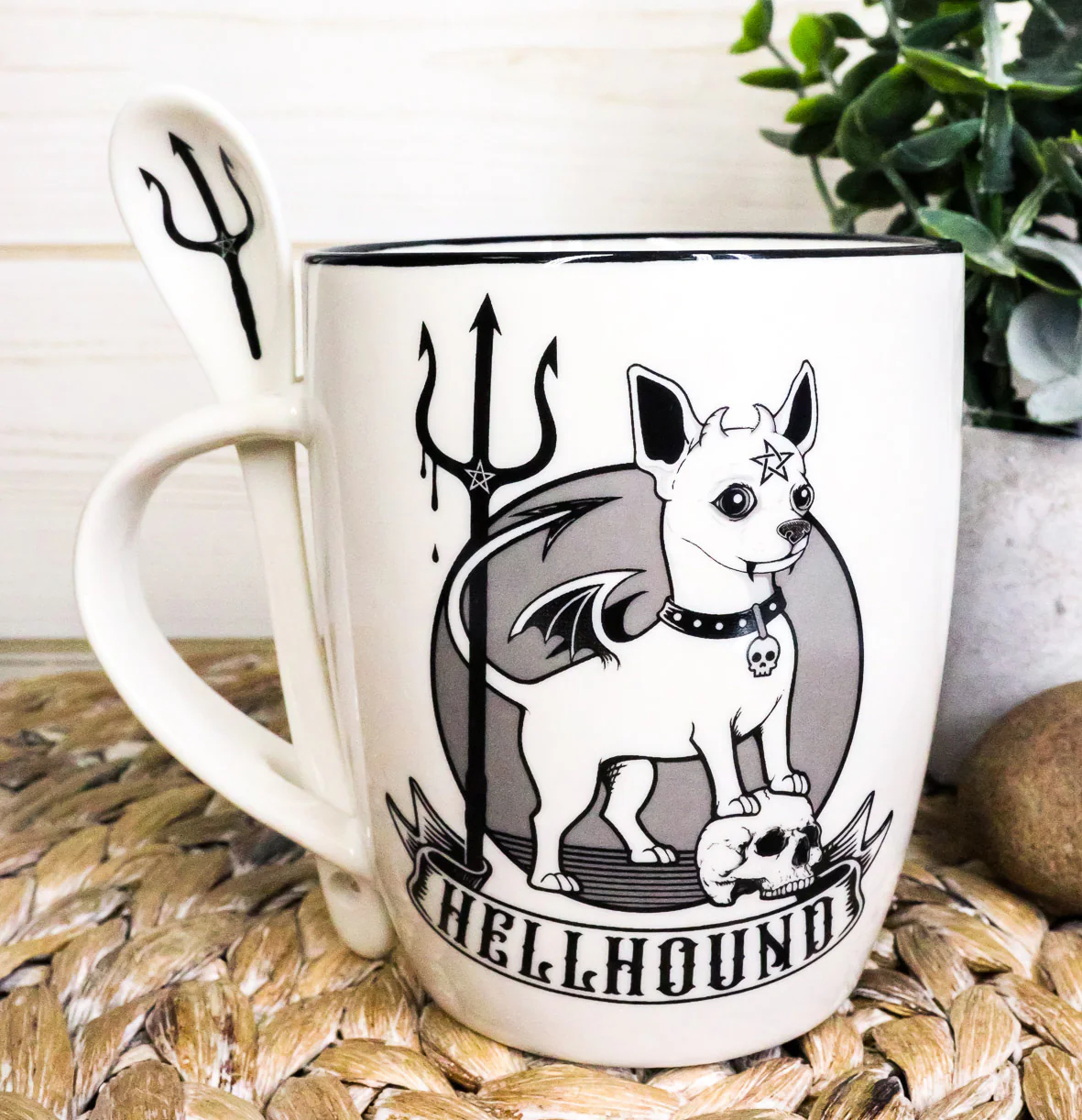 Wicca Sacred Hellhound Pentagram Devil Dog Porcelain Mug With Spoon Set 13oz - Image 7