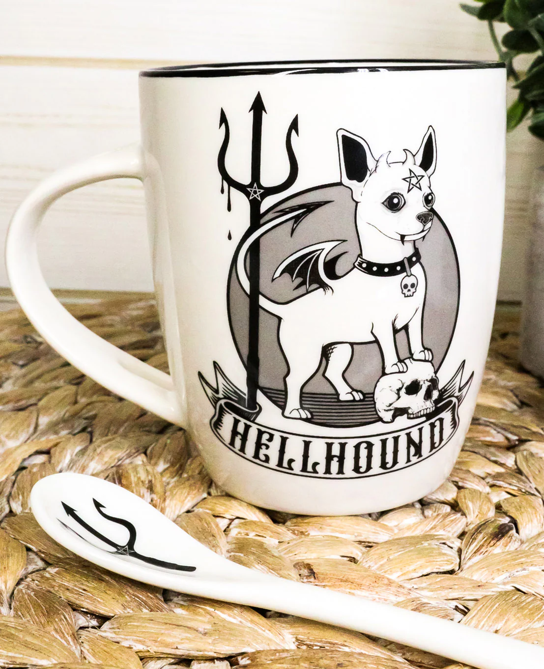 Wicca Sacred Hellhound Pentagram Devil Dog Porcelain Mug With Spoon Set 13oz - Image 8