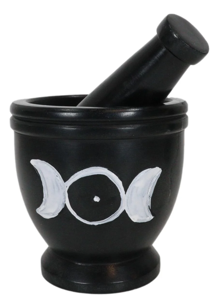Wicca Witchcraft Triple Goddess Moon Carved Soap Stone Mortar and Pestle Set - Image 2