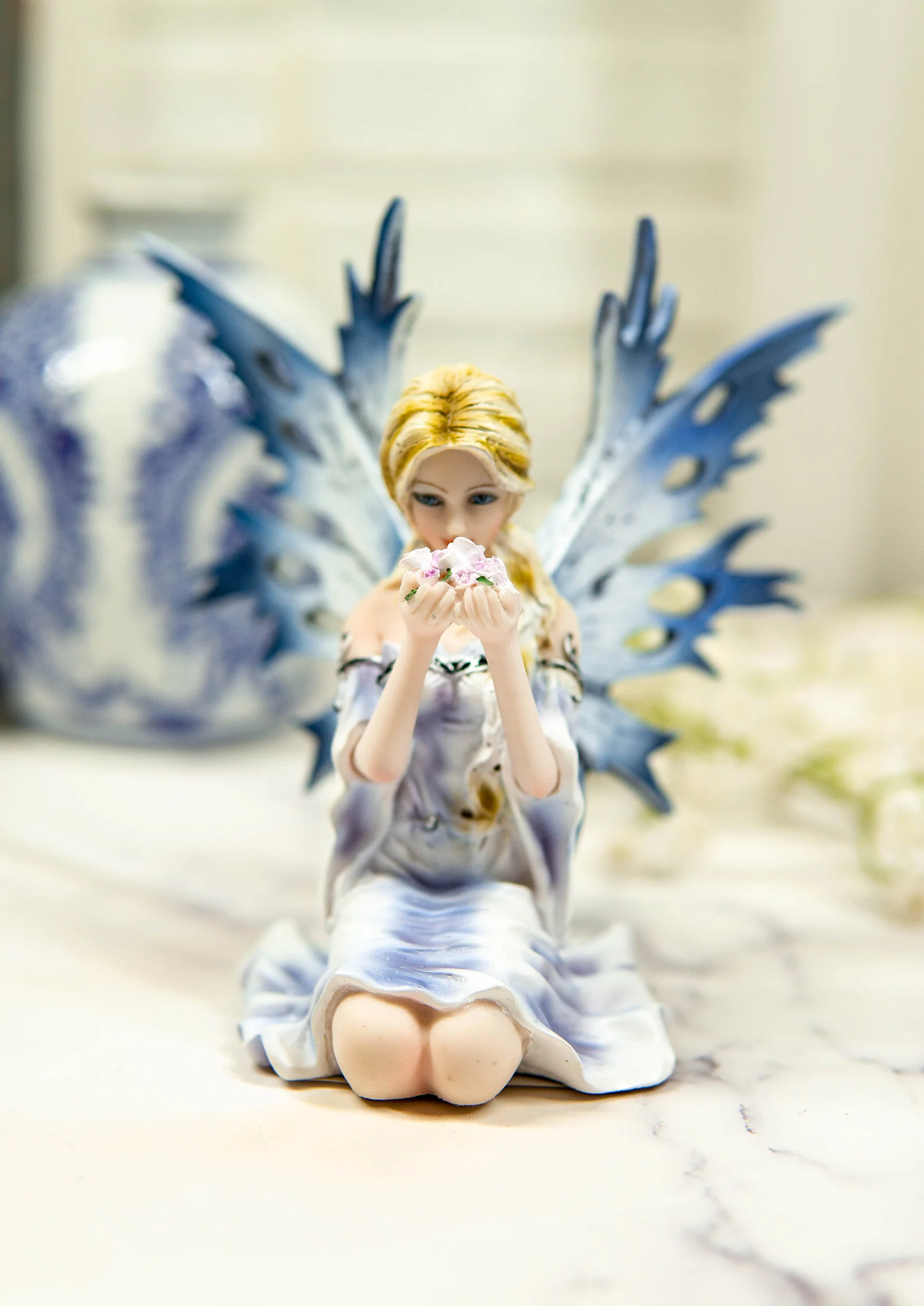 Ebros Frozen Blonde Frost Flake Wings Fairy Holding Spring Flowers Figurine - Image 5