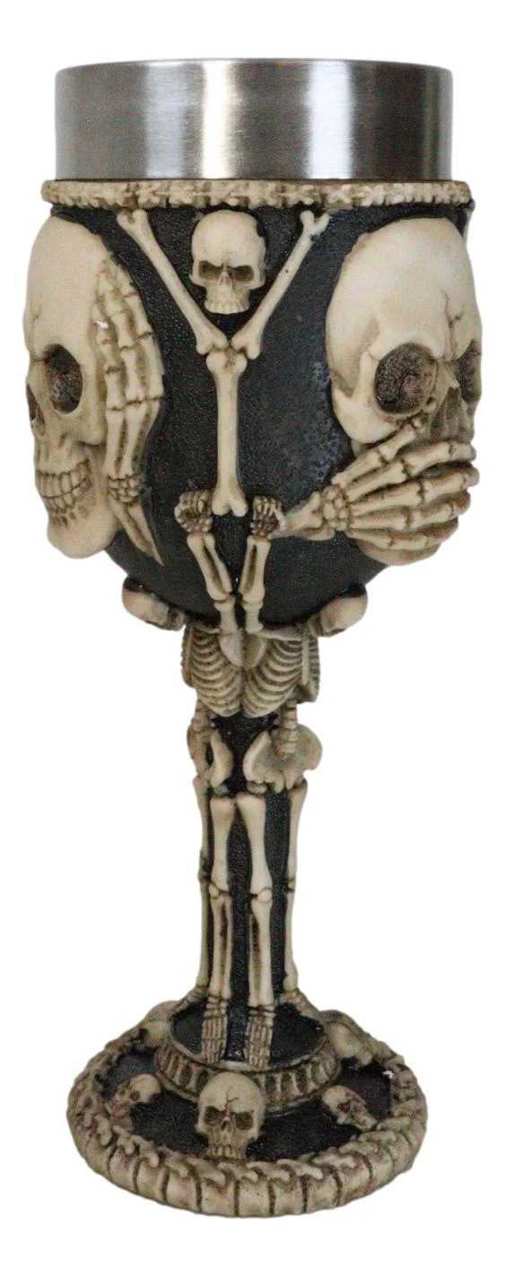Wisdom Of The Ages See Hear Speak No Evil Skeleton Skulls Wine Goblet Chalice - Image 2