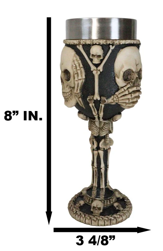 Wisdom Of The Ages See Hear Speak No Evil Skeleton Skulls Wine Goblet Chalice - Image 3