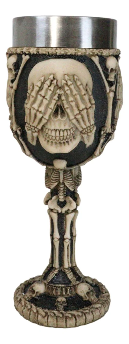 Wisdom Of The Ages See Hear Speak No Evil Skeleton Skulls Wine Goblet Chalice - Image 5