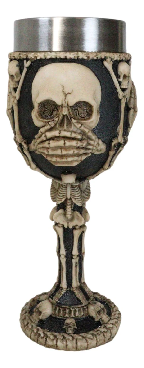 Wisdom Of The Ages See Hear Speak No Evil Skeleton Skulls Wine Goblet Chalice - Image 7