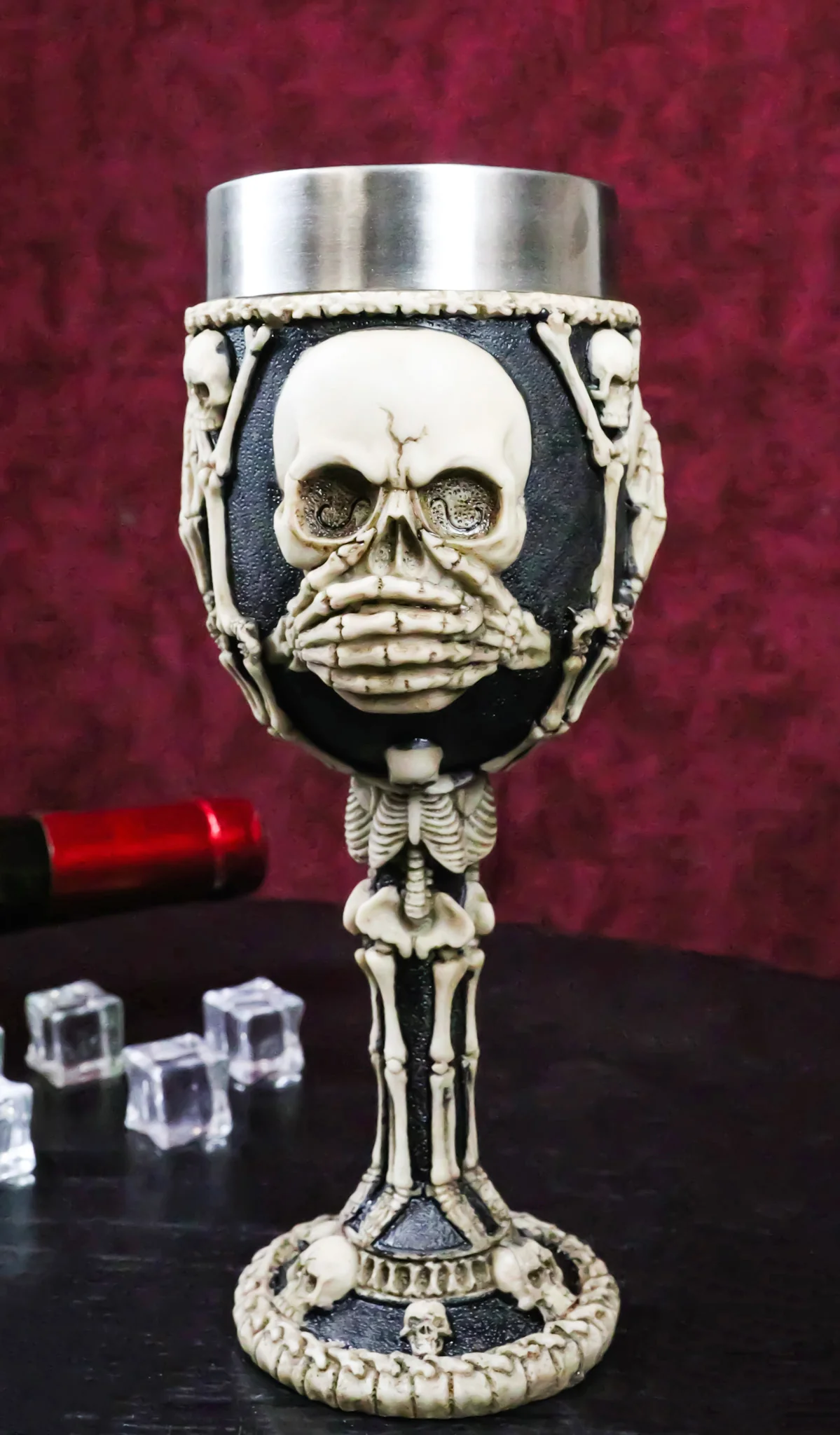 Wisdom Of The Ages See Hear Speak No Evil Skeleton Skulls Wine Goblet Chalice - Image 9