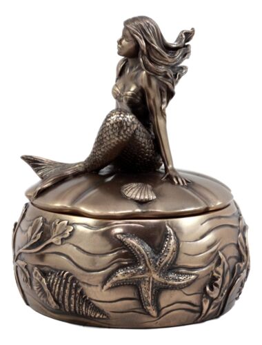 Wishing Mermaid Rounded Jewelry Box Figurine 5.5"H Coastal Reed Marine Decor - Image 2