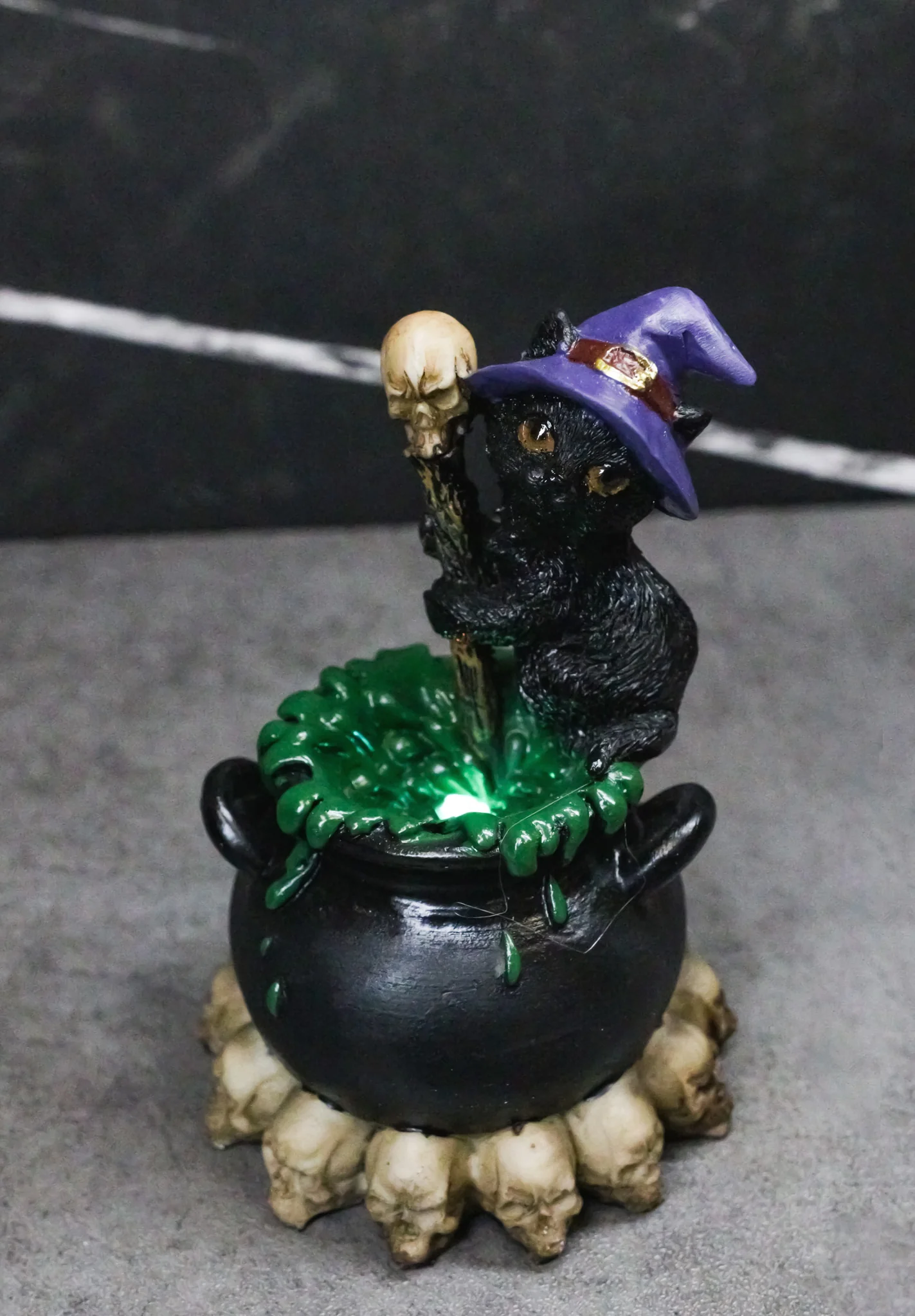 Witch Hat Black Cat Brewing Potion in LED Cauldron with Skulls Bonfire Figurine - Image 10