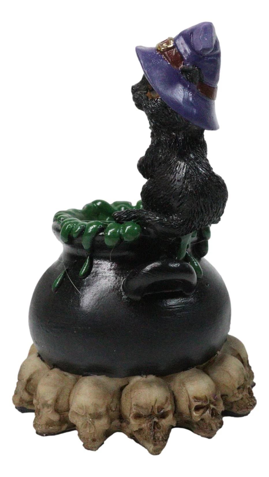 Witch Hat Black Cat Brewing Potion in LED Cauldron with Skulls Bonfire Figurine - Image 3