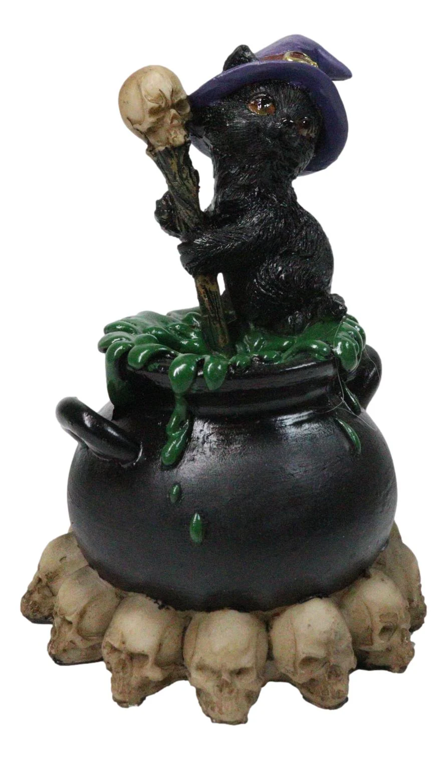 Witch Hat Black Cat Brewing Potion in LED Cauldron with Skulls Bonfire Figurine - Image 4