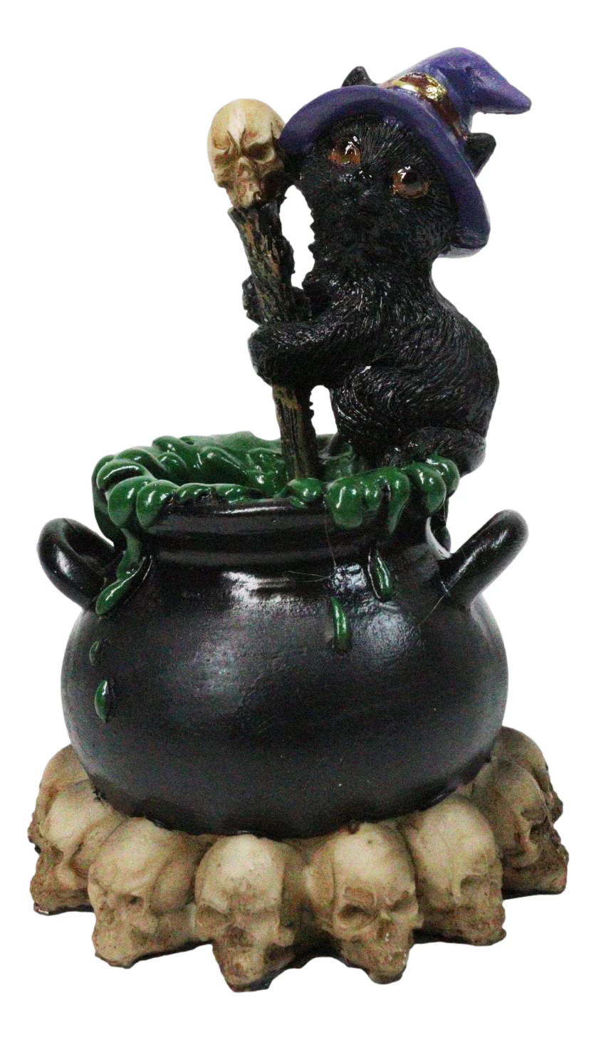 Witch Hat Black Cat Brewing Potion in LED Cauldron with Skulls Bonfire Figurine - Image 5
