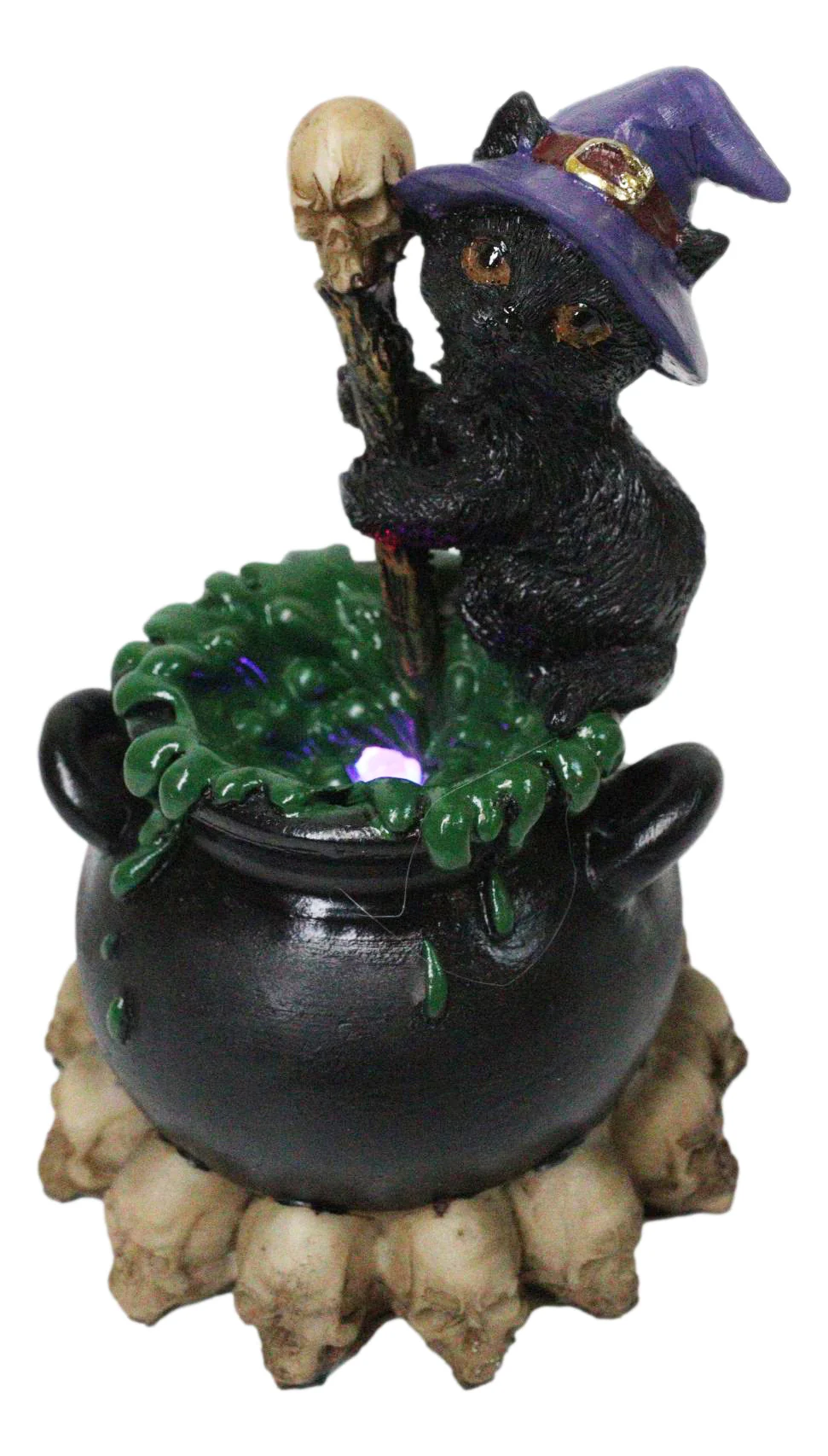 Witch Hat Black Cat Brewing Potion in LED Cauldron with Skulls Bonfire Figurine - Image 6