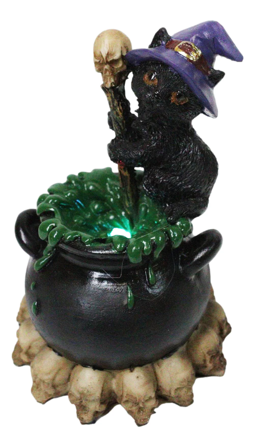 Witch Hat Black Cat Brewing Potion in LED Cauldron with Skulls Bonfire Figurine - Image 7