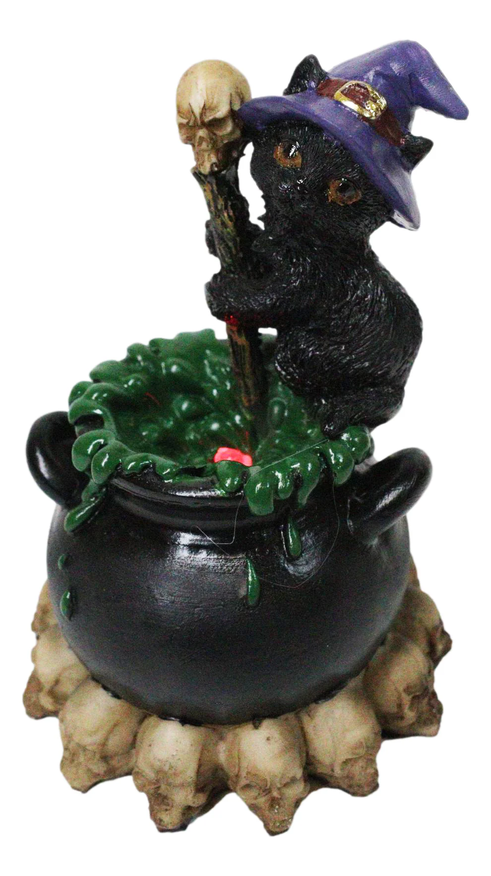 Witch Hat Black Cat Brewing Potion in LED Cauldron with Skulls Bonfire Figurine - Image 8