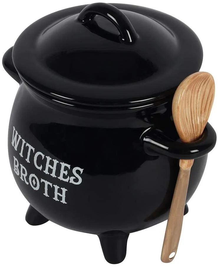 Witches Broth Cauldron Ceramic Bowl with Broom Spoon - Image 3