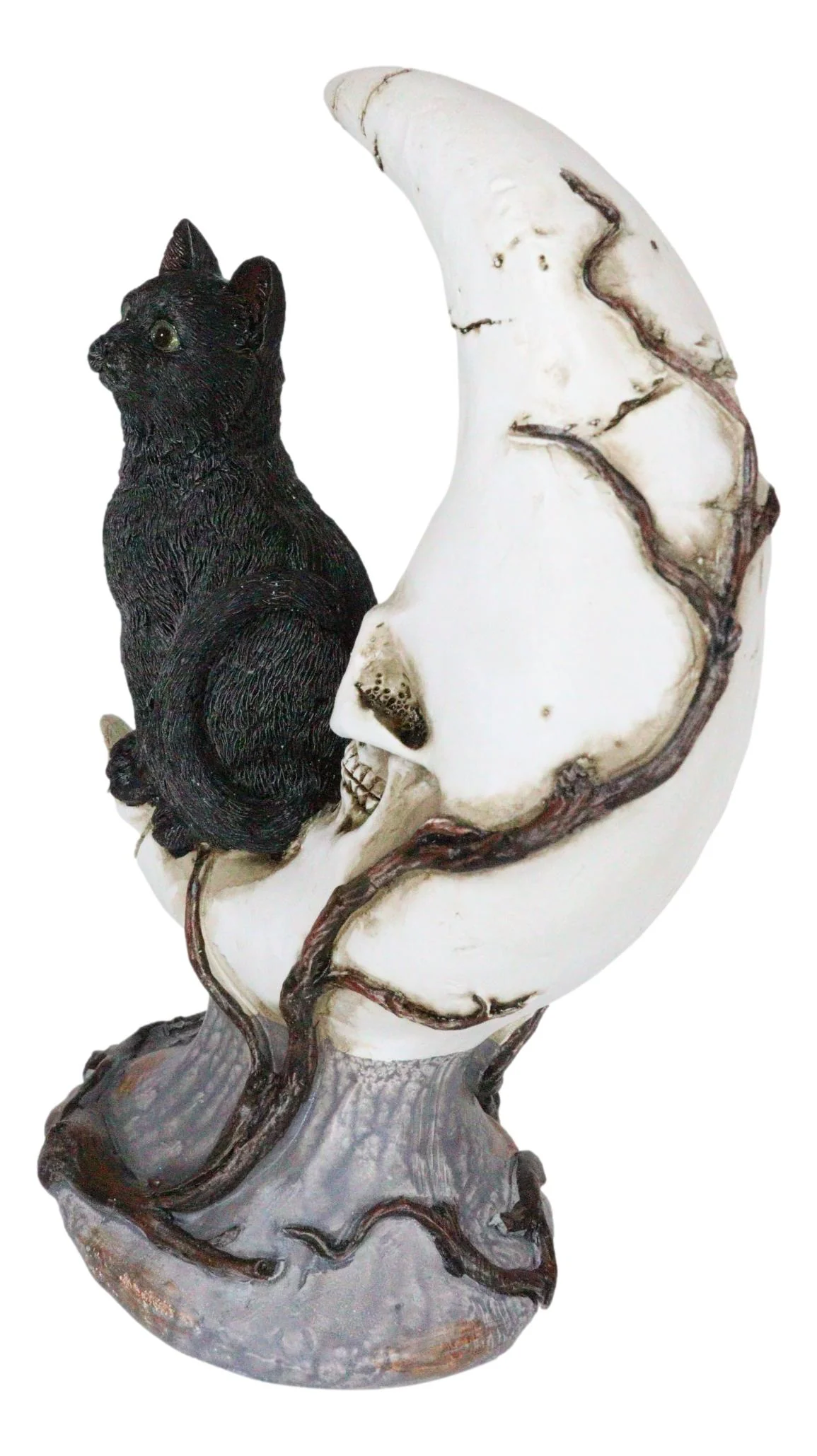 Witching Hour Halloween Black Cat Sitting On Crescent Moon Skull Figurine - Image 4