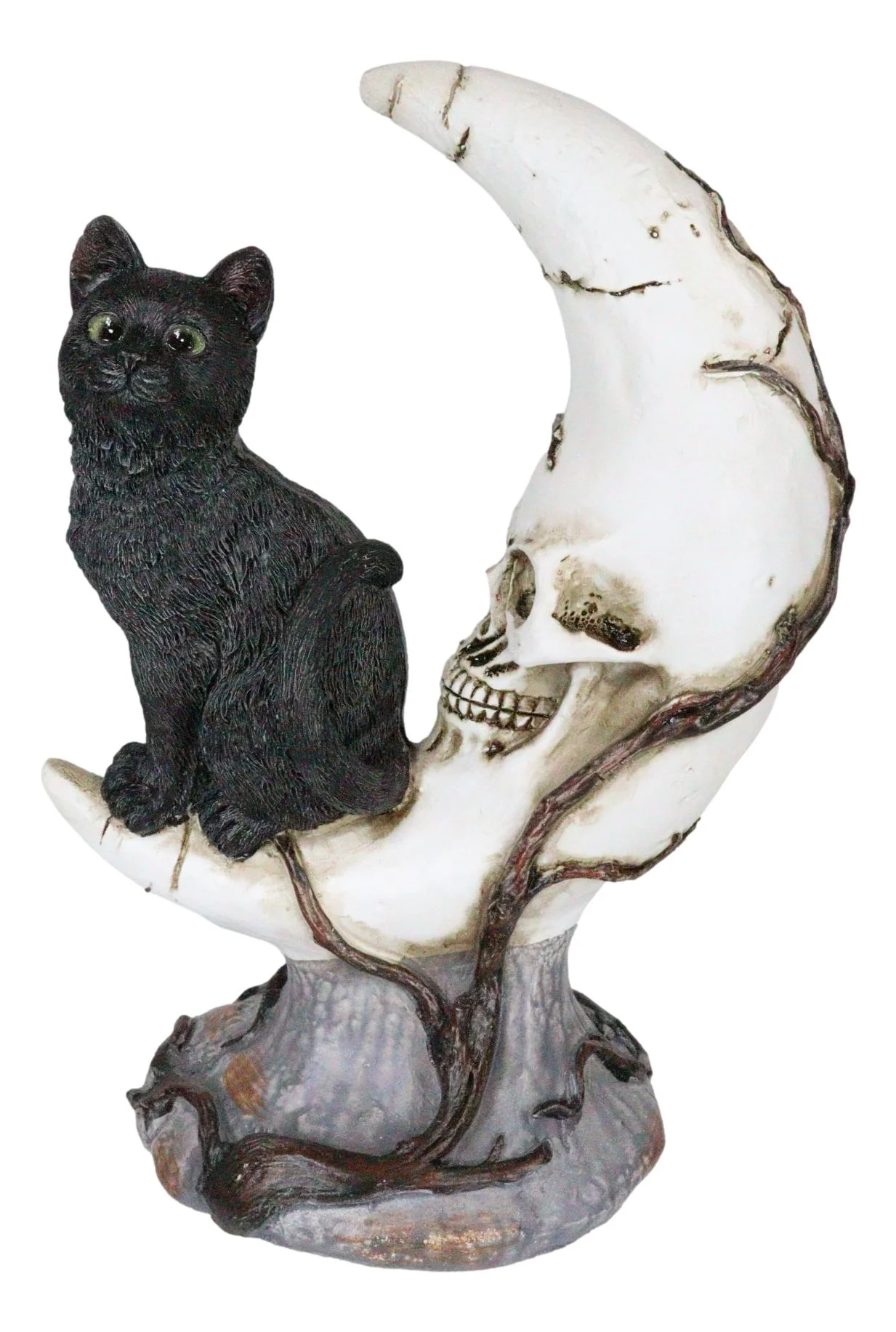 Witching Hour Halloween Black Cat Sitting On Crescent Moon Skull Figurine - Image 5