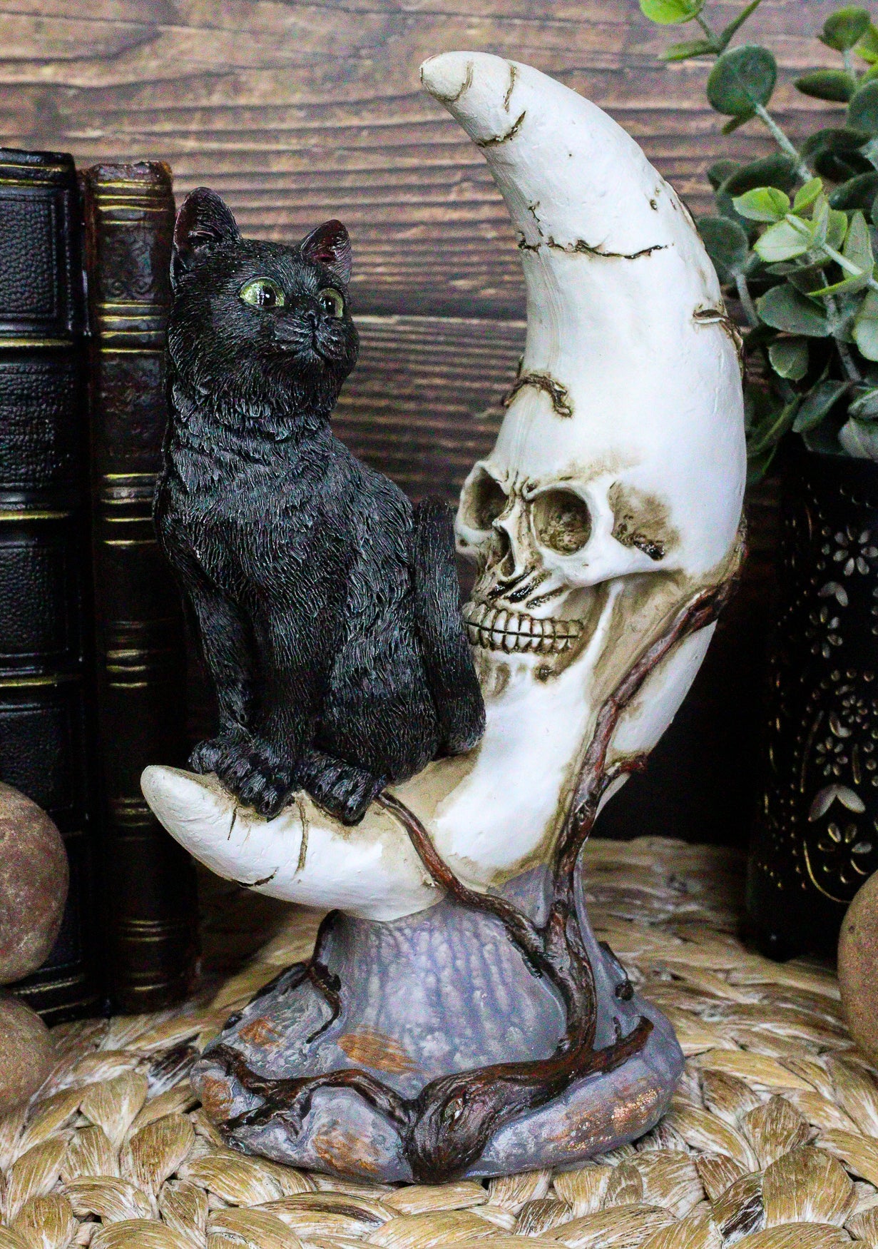 Witching Hour Halloween Black Cat Sitting On Crescent Moon Skull Figurine - Image 7