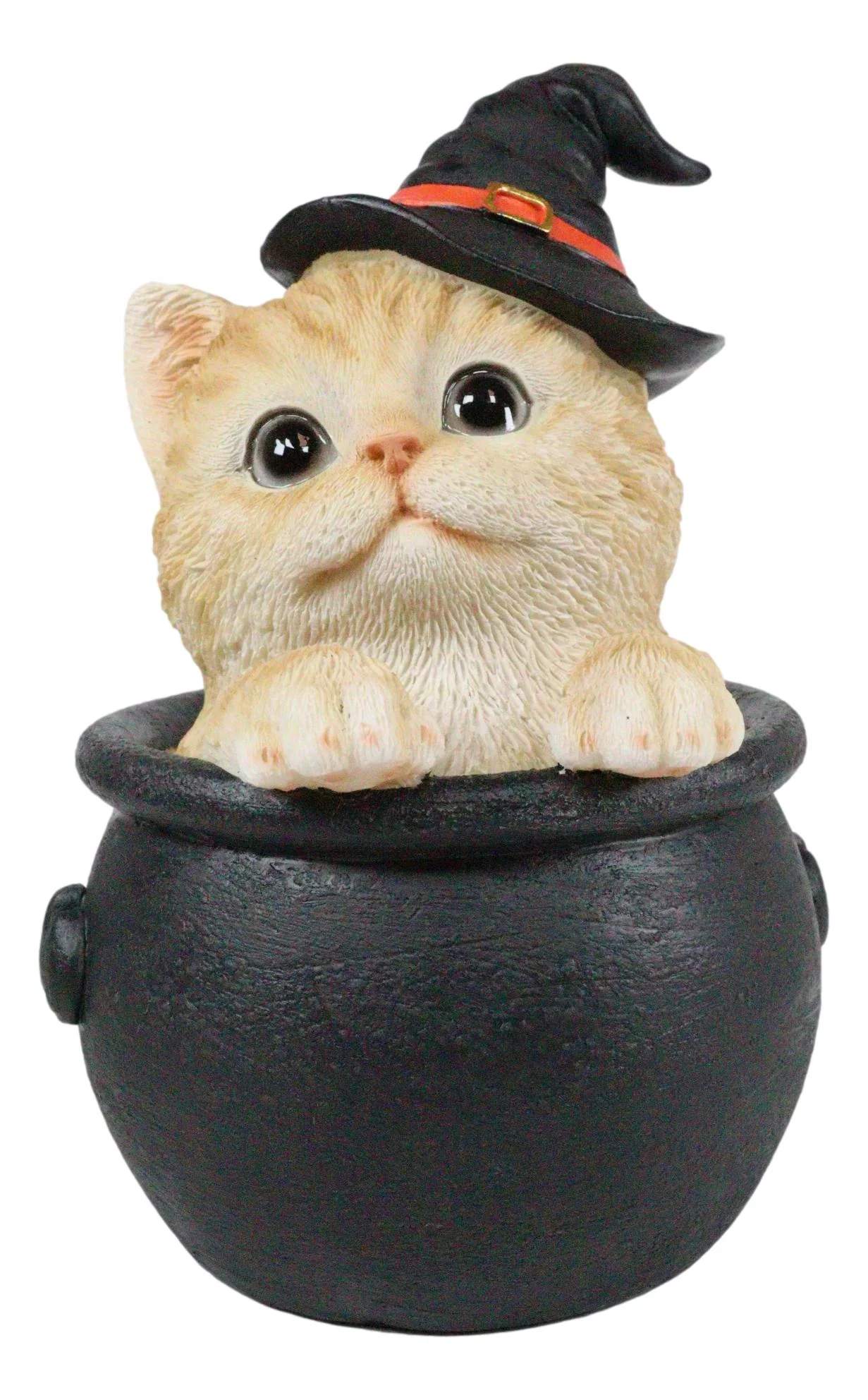 Ebros Witching Hour Halloween Tabby Cat With Witch Hat In Black Cauldron Statue - Image 3