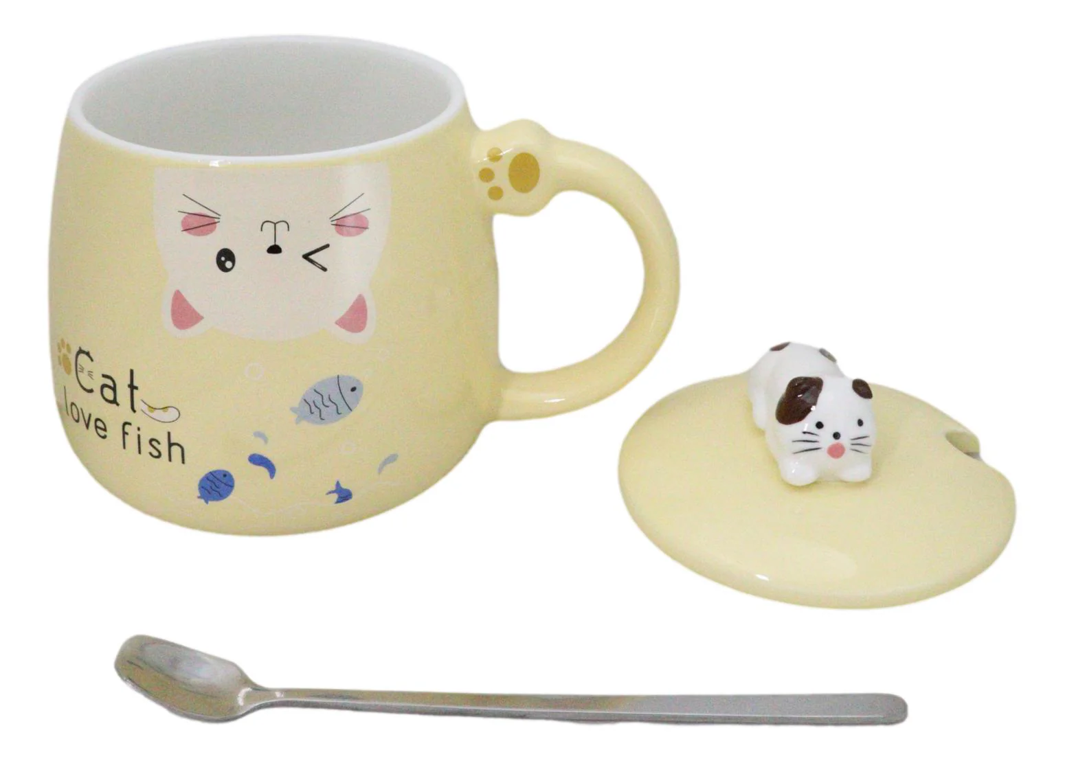 Yellow Calico Cat Love Fish Coffee Mug Cup With Spoon And Kitten Knob Lid 15oz - Image 3