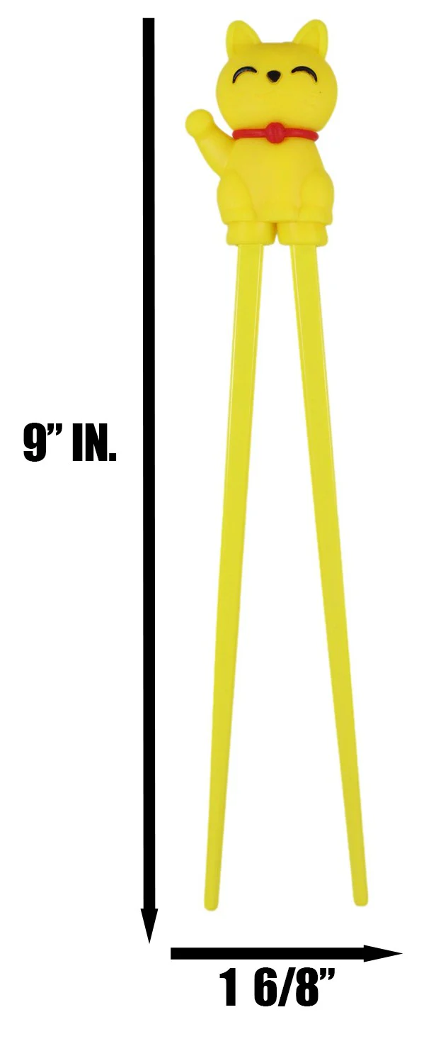 Yellow Maneki Neko Lucky Cat Reusable Training Chopsticks With Silicone Helper - Image 5