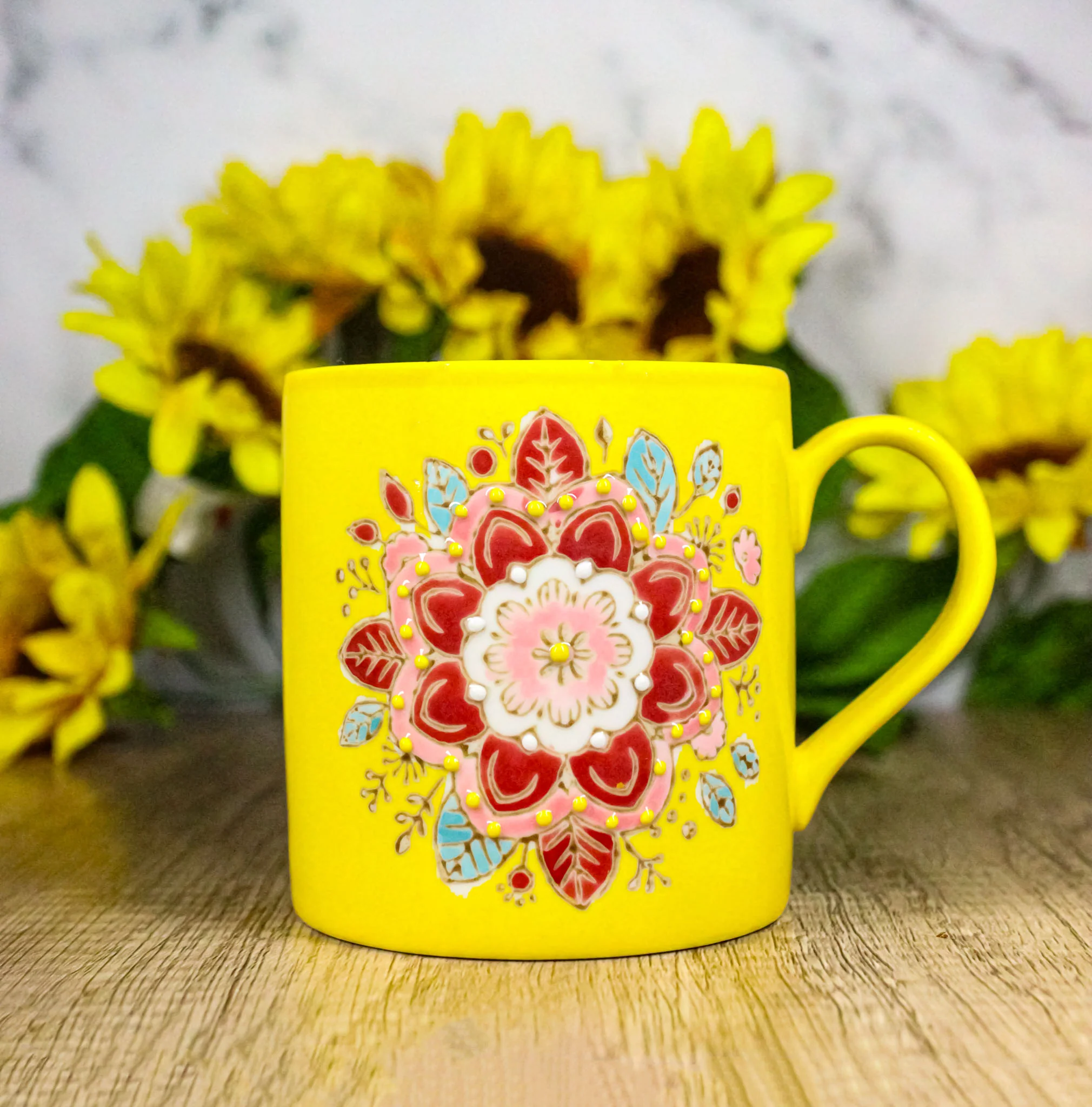 Yellow Manipura Navel Chakra Zen Flower Of Life Mandala Circle Ceramic Mug - Image 9